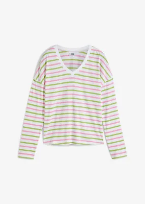 Camiseta de rayas de algodón orgánico con manga larga Blanco-verde pera-rosa de rayas