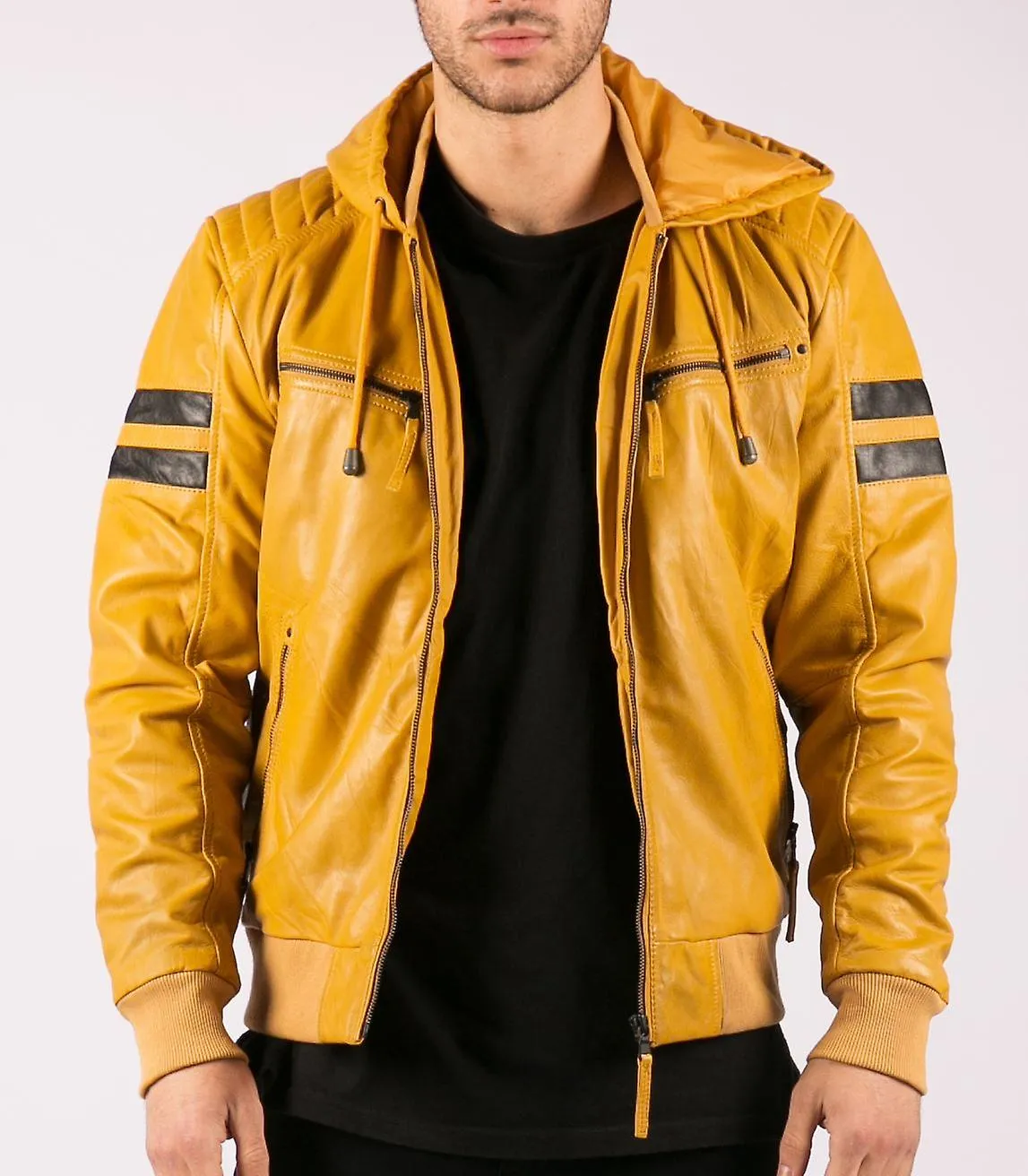 Capucha de los hombres Real Cuero Bomber Chaqueta Rayas Acolchado Slim Fit Casual