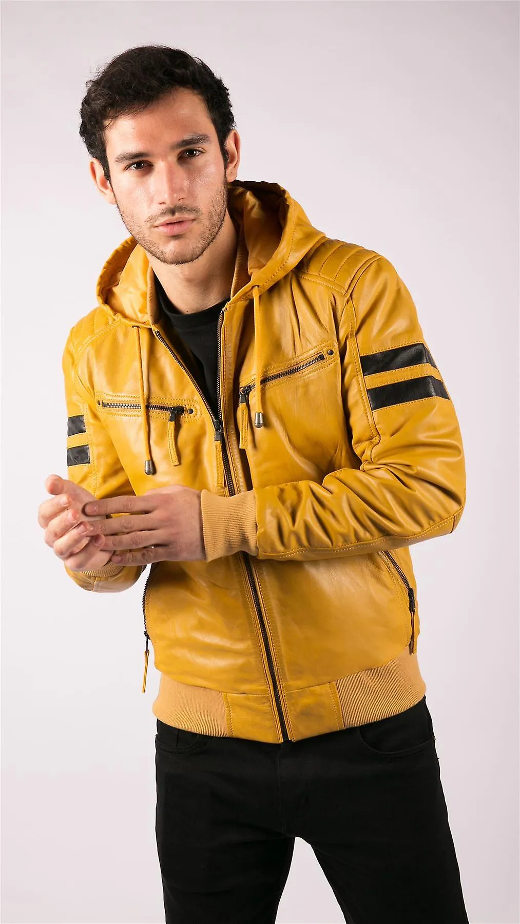 Capucha de los hombres Real Cuero Bomber Chaqueta Rayas Acolchado Slim Fit Casual