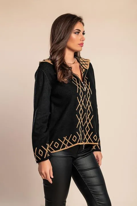 Chaqueta de punto con capucha, negro/beige