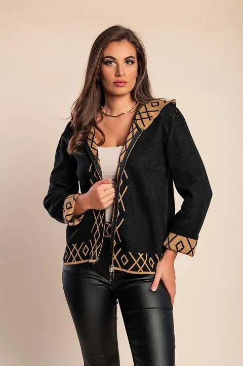 Chaqueta de punto con capucha, negro/beige