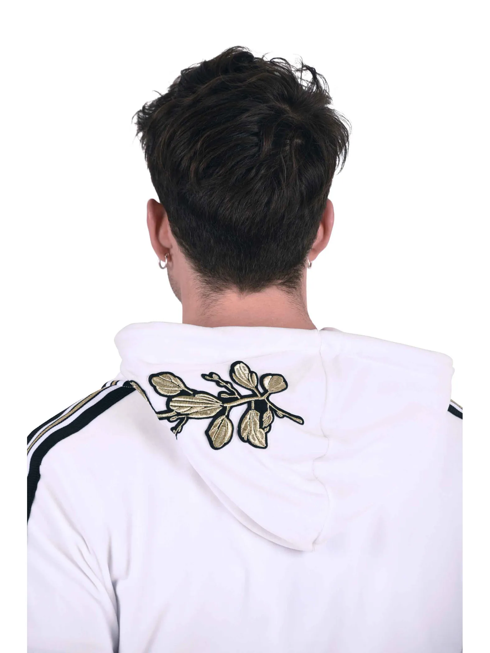 Chaqueta de terciopelo con rayas en contraste y parche floral dorado