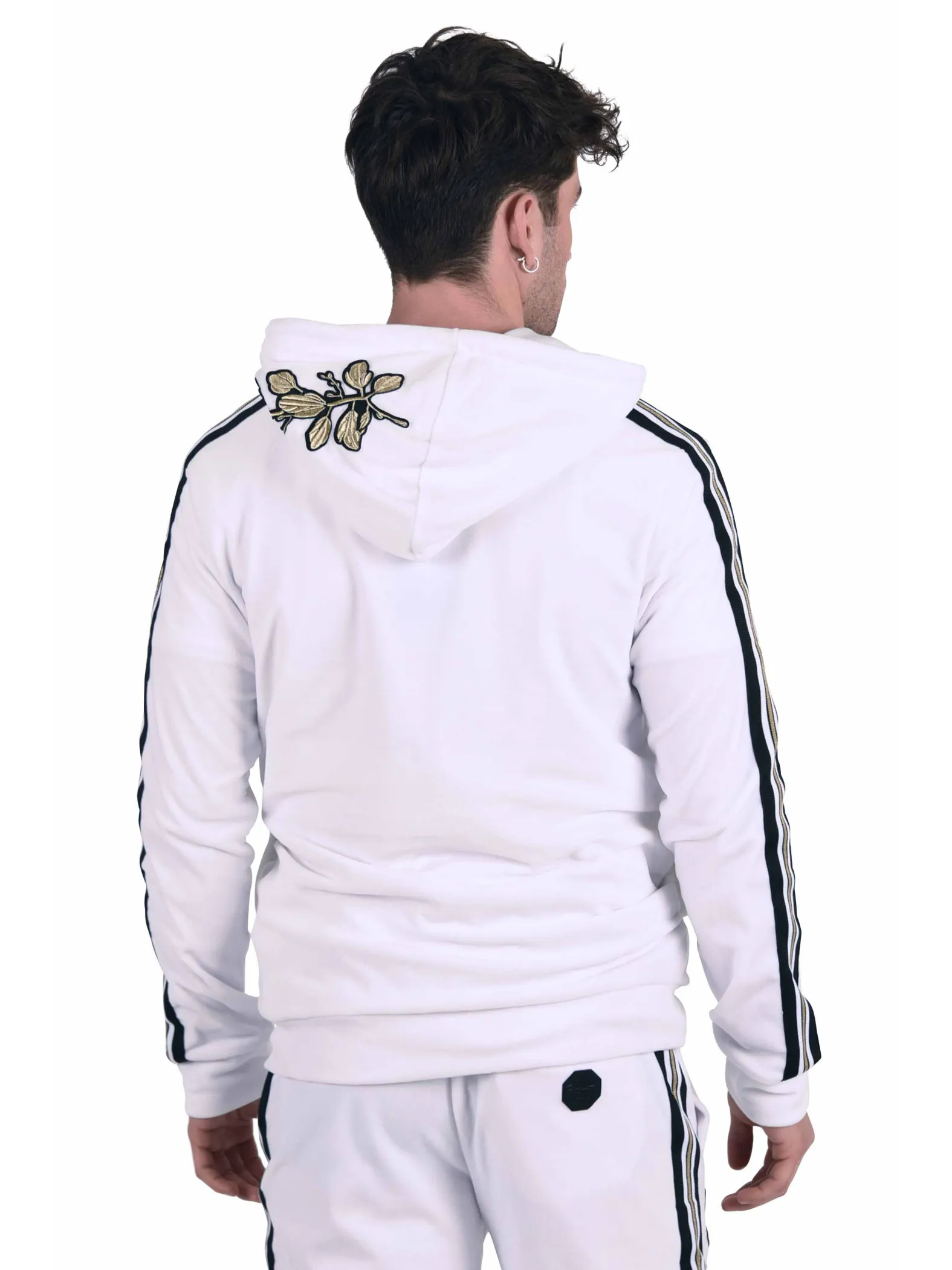 Chaqueta de terciopelo con rayas en contraste y parche floral dorado