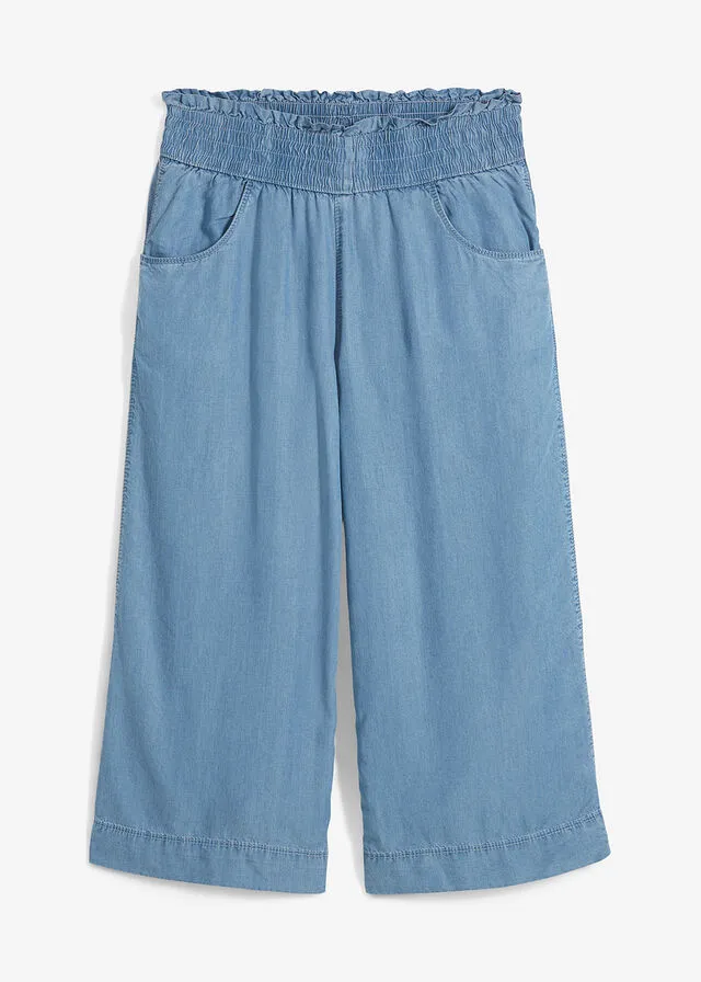 Culotte ancho con cintura cómoda y ancha de sarga ligera. Denim claro