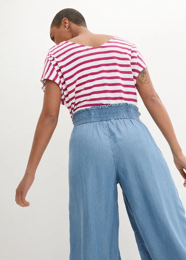 Culotte ancho con cintura cómoda y ancha de sarga ligera. Denim claro