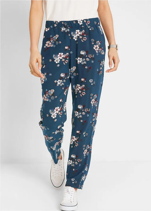 Pantalón de viscosa de muslo ancho Azul marino de flores