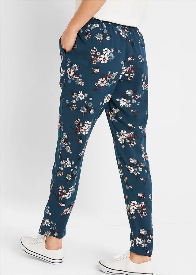 Pantalón de viscosa de muslo ancho Azul marino de flores