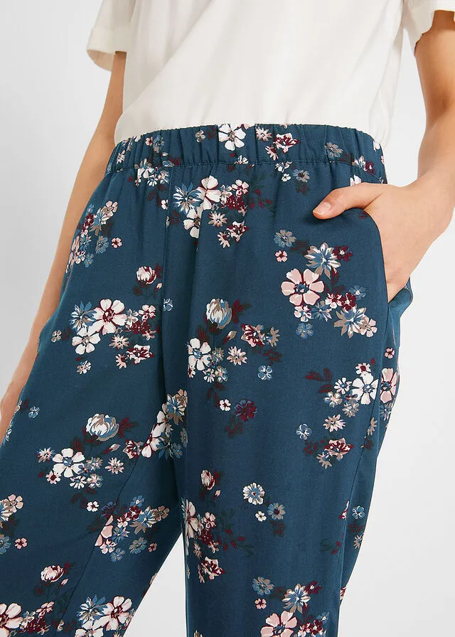 Pantalón de viscosa de muslo ancho Azul marino de flores