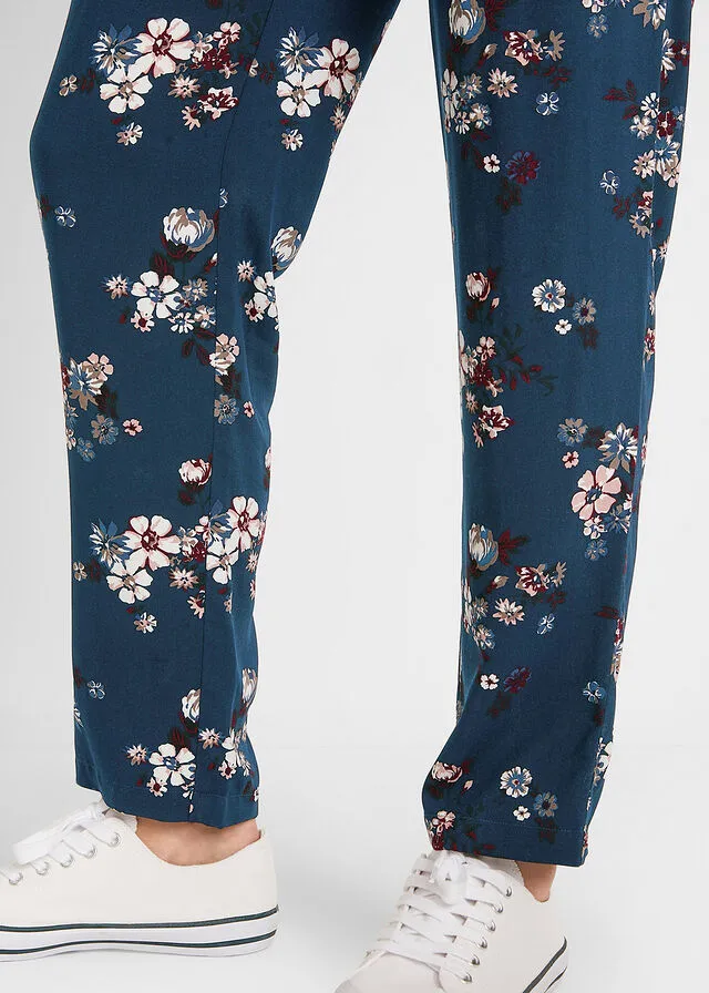 Pantalón de viscosa de muslo ancho Azul marino de flores