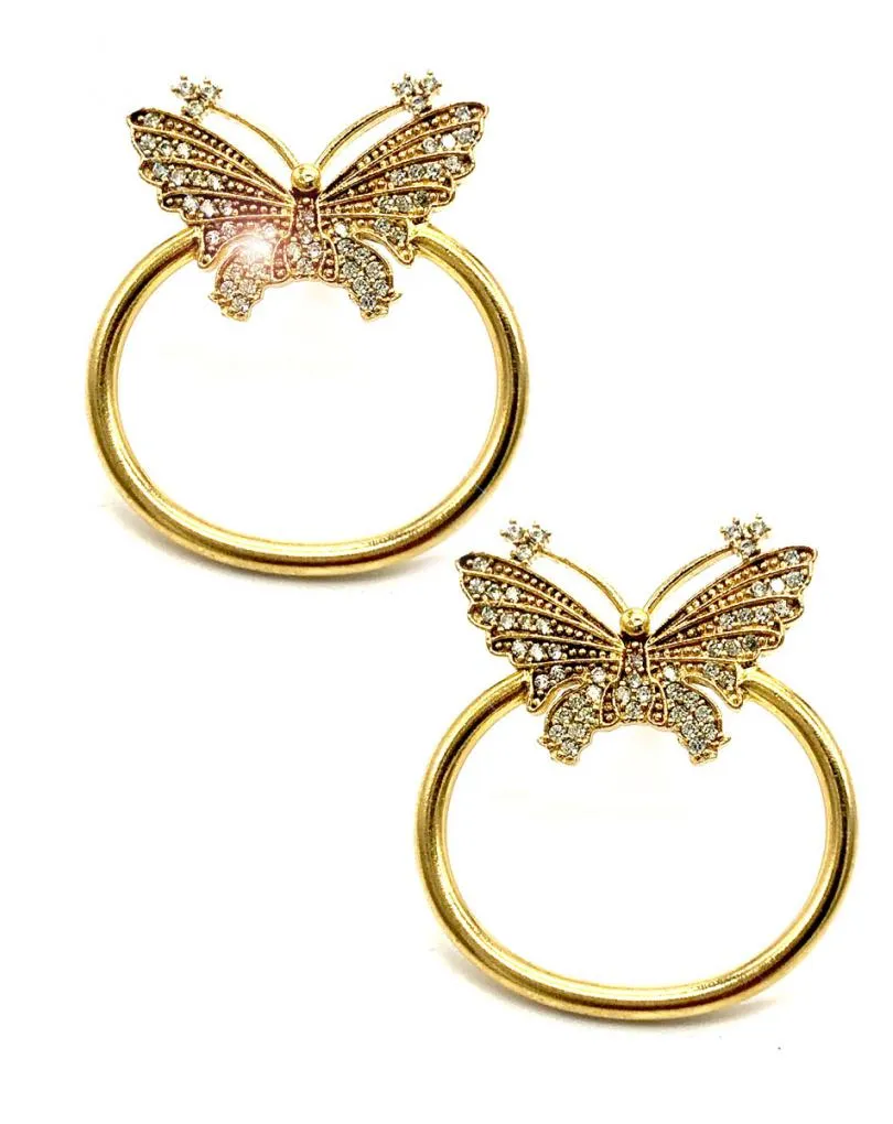 PENDIENTES ARO BAÑADO EN ORO CON MARIPOSA EN CRISTAL BLANCO