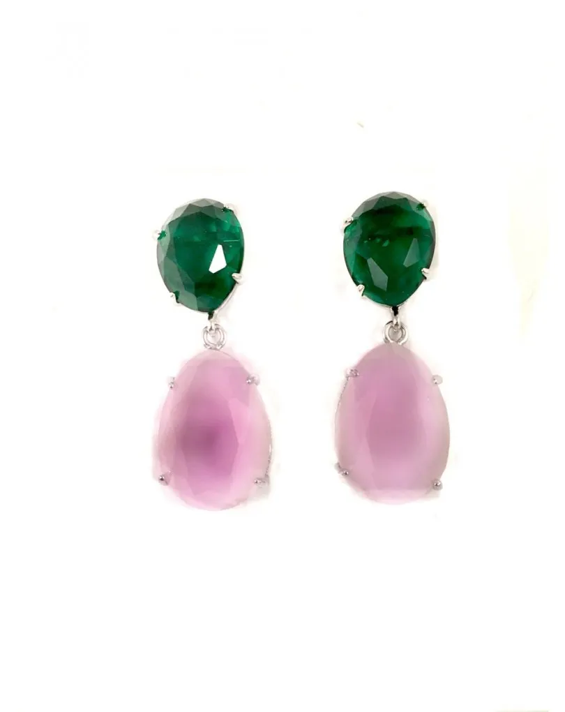 PENDIENTES DE PIEDRA, CUARZO ROSA CON CRISTAL VERDE