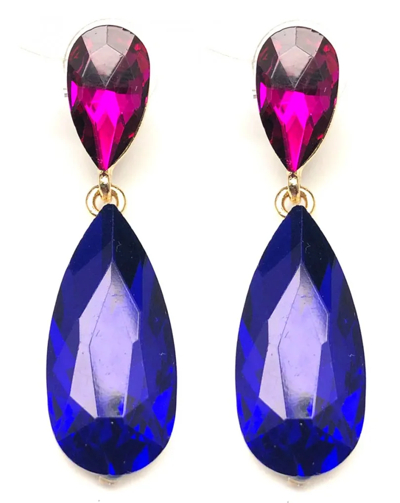 PENDIENTES FUCSIA Y AZULON DE FIESTA LAGRIMA DE CRISTAL AUSTRIACO