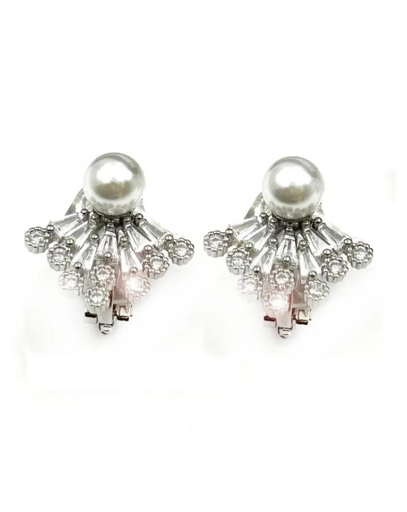 PENDIENTES MUJER CLIP PLATEADOS CON PERLAS Y ABANICO EN CRISTAL