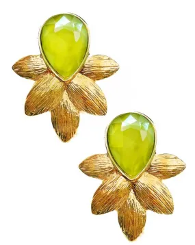 PENDIENTES VERDES CON LAGRIMA DE CRISTAL Y HOJITAS DORADAS