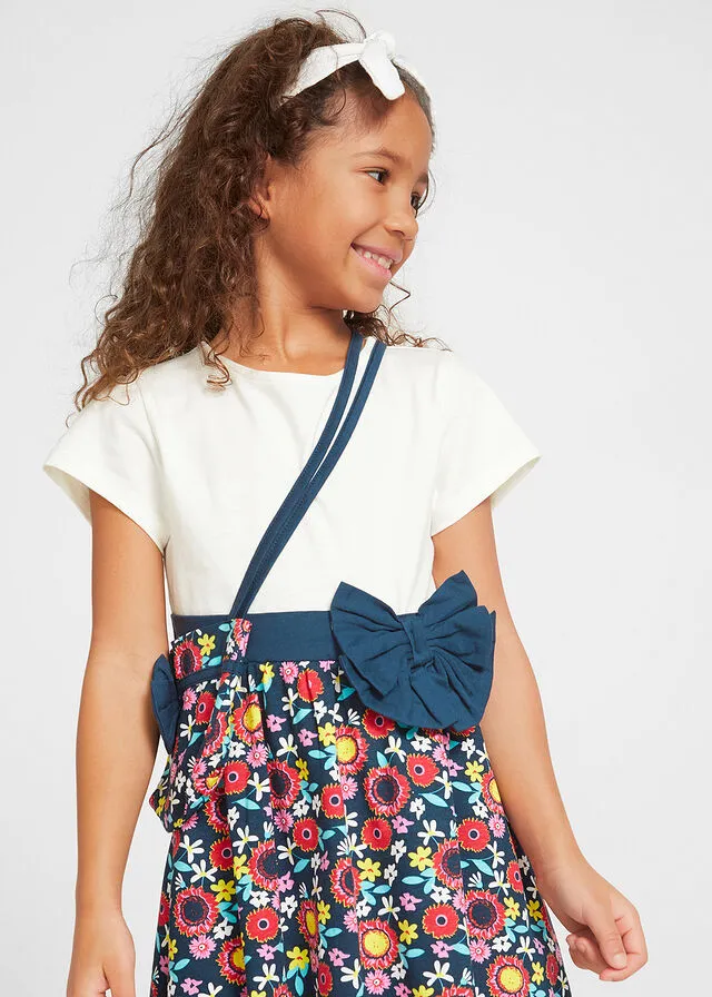 Vestido + bolso para niñas (2 piezas) de algodón orgánico Blanco lana-azul oscuro estampado