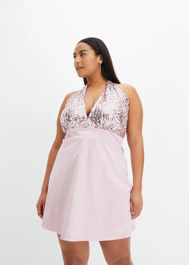 Vestido de cuello halter con lentejuelas rosa cristal